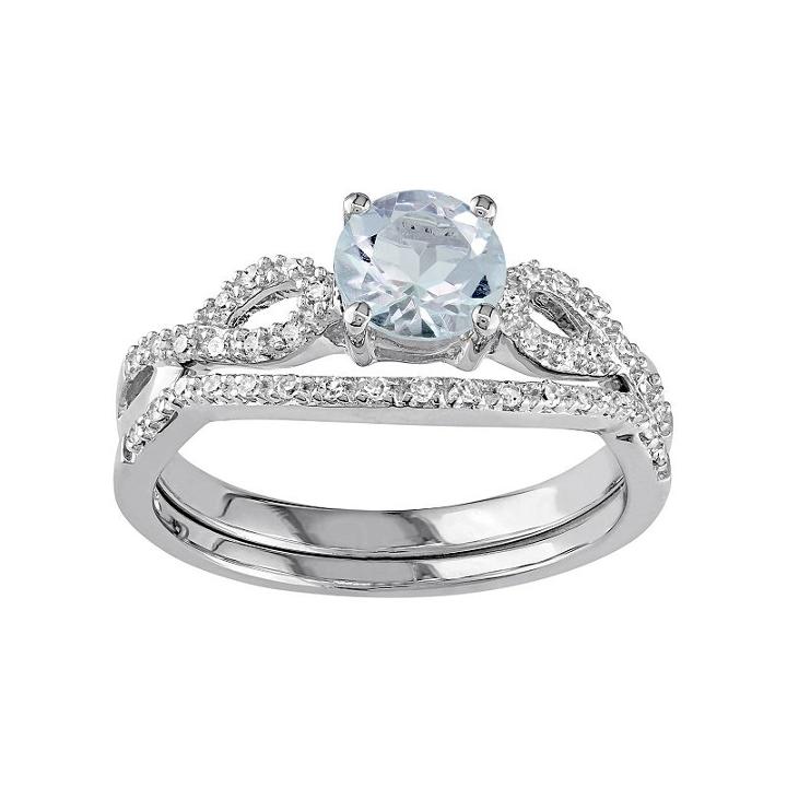 10k White Gold Aquamarine & 1/6 Carat T.w. Diamond Engagement Ring Set, Women's, Size: 8, Blue