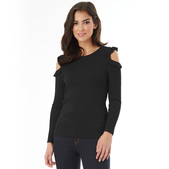 Juniors' Iz Byer California Ruffled Cold Shoulder Sweater, Teens, Size: Medium, Black