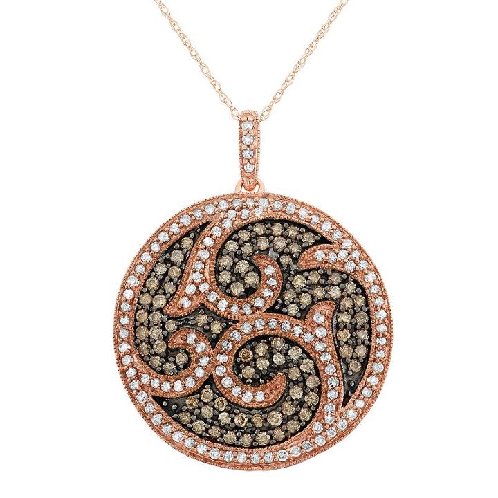 1 1/2 Carat T.w. Brown And White Diamond 10k Rose Gold Scrollwork Pendant Necklace, Women's, Size: 18