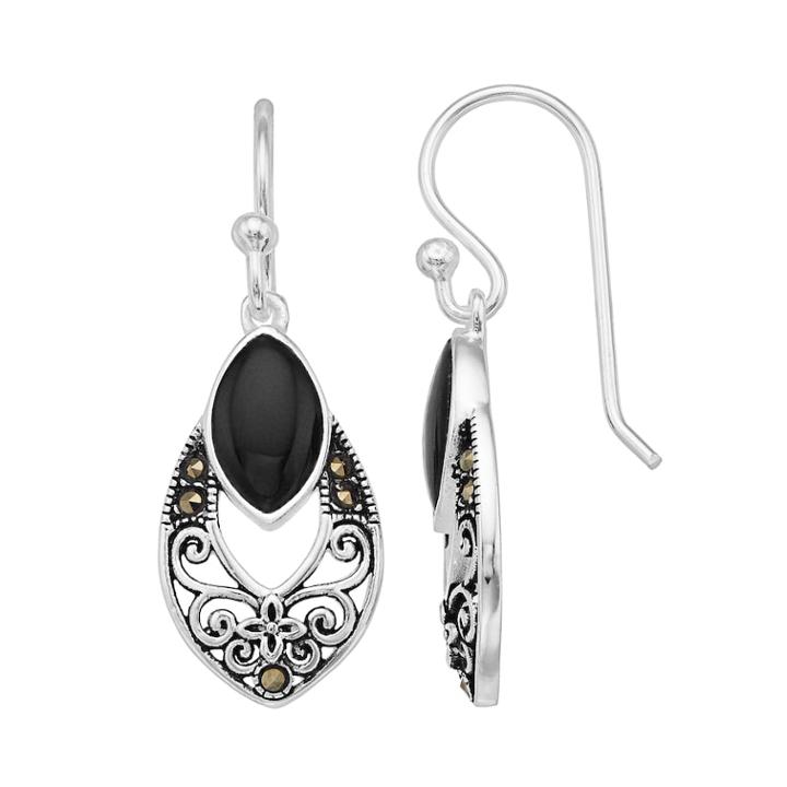 Tori Hill Sterling Silver Marcasite & Onyx Openwork Drop Earrings, Women's, Black