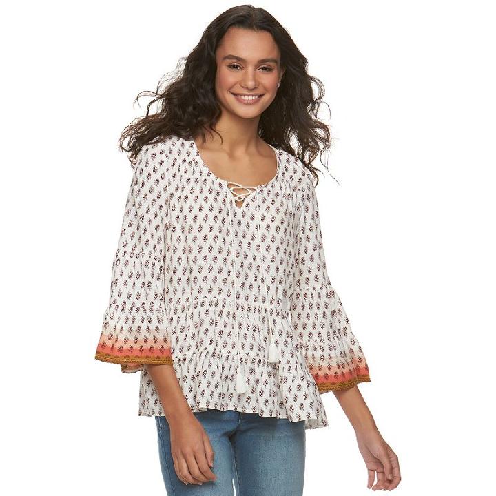 Juniors' Mudd&reg; Printed Lace-up Peasant Top, Girl's, Size: Xl, White Oth