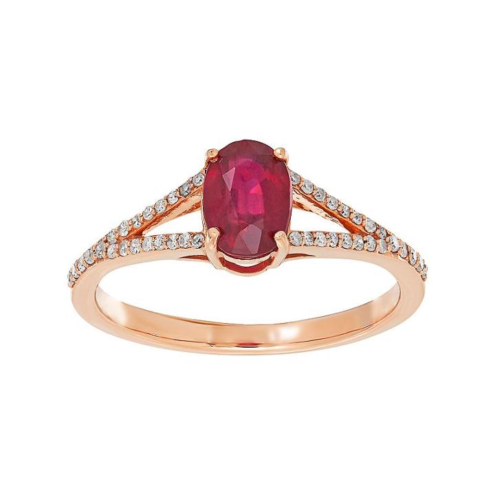 10k Rose Gold Ruby & 1/8 Carat T.w. Diamond Oval Ring, Women's, Size: 6, Red