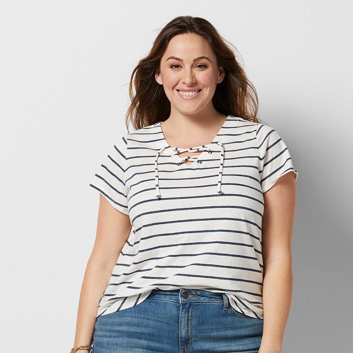 Plus Size Sonoma Goods For Life&trade; Striped Lace-up Tee, Women's, Size: 1xl, White