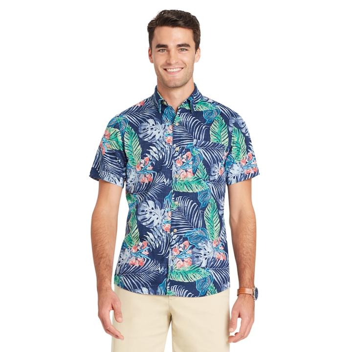 Men's Izod Classic-fit Tropical Button-down Shirt, Size: Medium, Blue (navy)