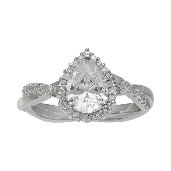 Primrose Sterling Silver Cubic Zirconia Pear Halo Crossover Ring, Women's, Size: 7, White