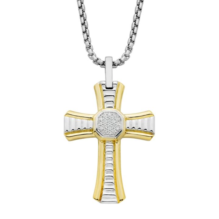 Two Tone Sterling Silver 1/10 Carat T.w. Diamond Cross Pendant Necklace, Women's, White