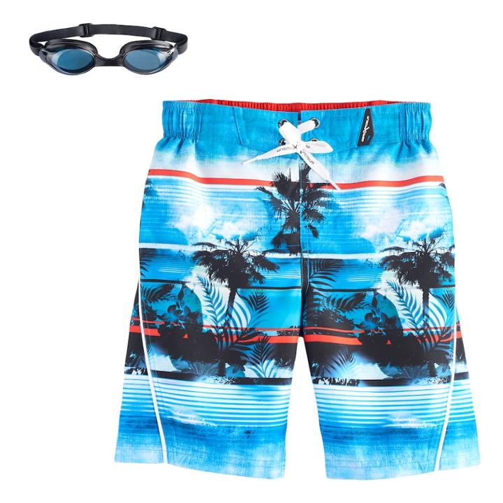 Boys 4-7 Zeroxposur Palm Trees Swim Trunks With Goggles, Size: Small, Med Orange