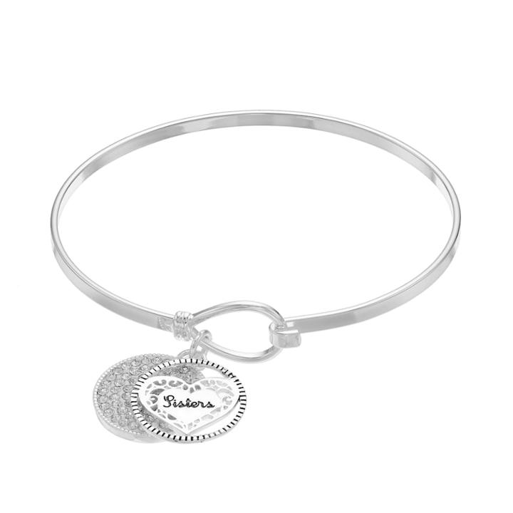 Silver Plated Crystal Sisters Heart Charm Bangle Bracelet, Women's, White
