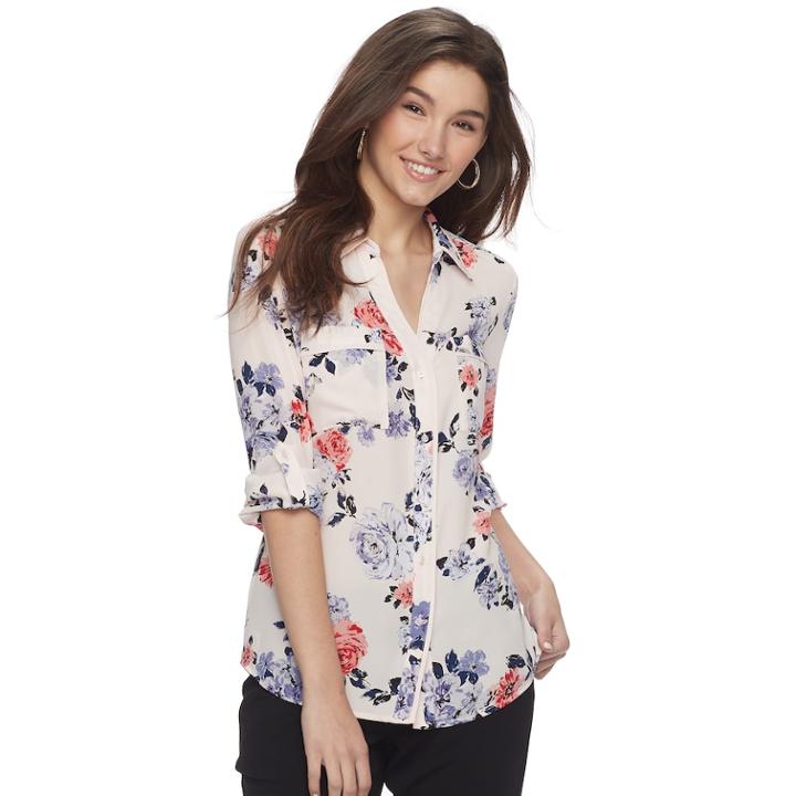 Juniors' Candie's&reg; Piped Roll-tab Blouse, Teens, Size: Medium, Red