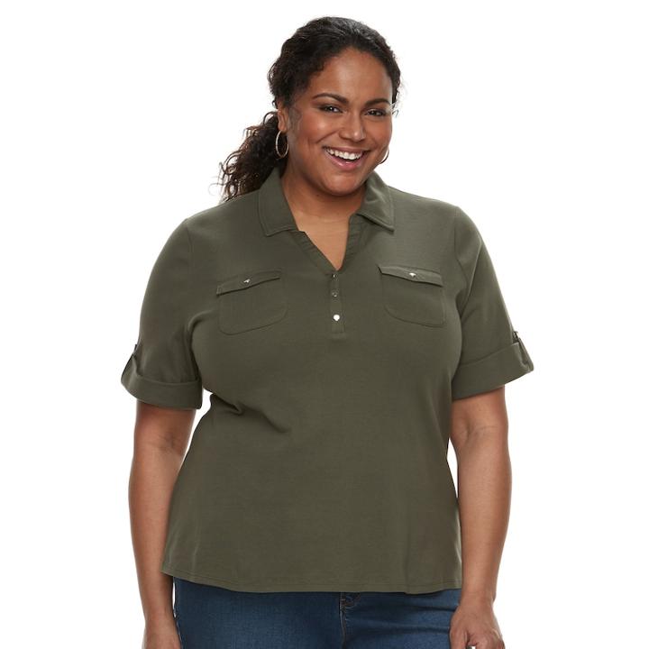 Plus Size Croft & Barrow&reg; 2-pocket Henley Polo, Women's, Size: 2xl, Green