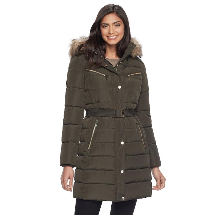 Women's Apt. 9&reg; Hooded Faux-fur Trim Puffer Jacket, Size: Large, Green Oth