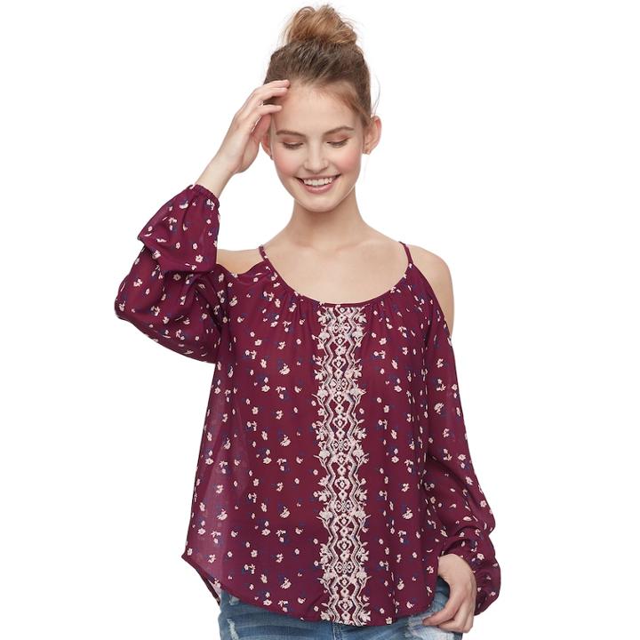 Juniors' Rewind Floral Embroidered Cold-shoulder Top, Teens, Size: Xs, Dark Red