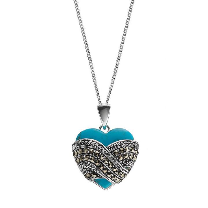 Tori Hill Simulated Turquoise & Marcasite Sterling Silver Heart Pendant Necklace, Women's, Blue