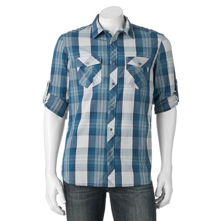 Big & Tall Rock & Republic Classic-fit Plaid Stretch Roll-tab Button-down Shirt, Men's, Size: M Tall, Light Blue