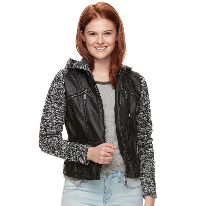 Juniors' J-2 Knit Sleeve Faux-leather Jacket, Teens, Size: Medium, Black