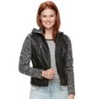 Juniors' J-2 Knit Sleeve Faux-leather Jacket, Teens, Size: Medium, Black