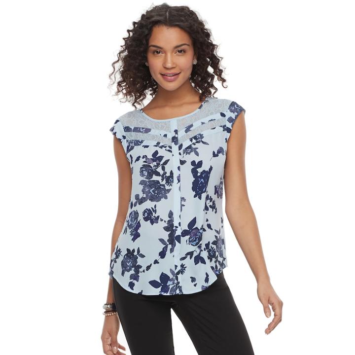 Juniors' Candie's&reg; Print Lace Inset Top, Teens, Size: Xs, Light Blue