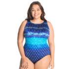 Plus Size Great Lengths Tummy Slimmer High-neck One-piece Swimsuit, Women's, Size: 18, Turquoise/blue (turq/aqua)