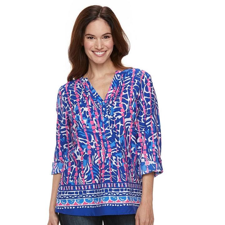 Women's Caribbean Joe Abstract Print Roll-tab Top, Size: Large, Med Pink