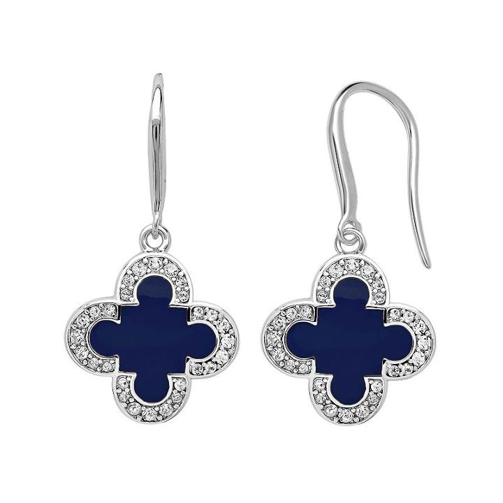 Marie Claire Jewelry Crystal Silver Tone Clover Drop Earrings, Women's, Navy