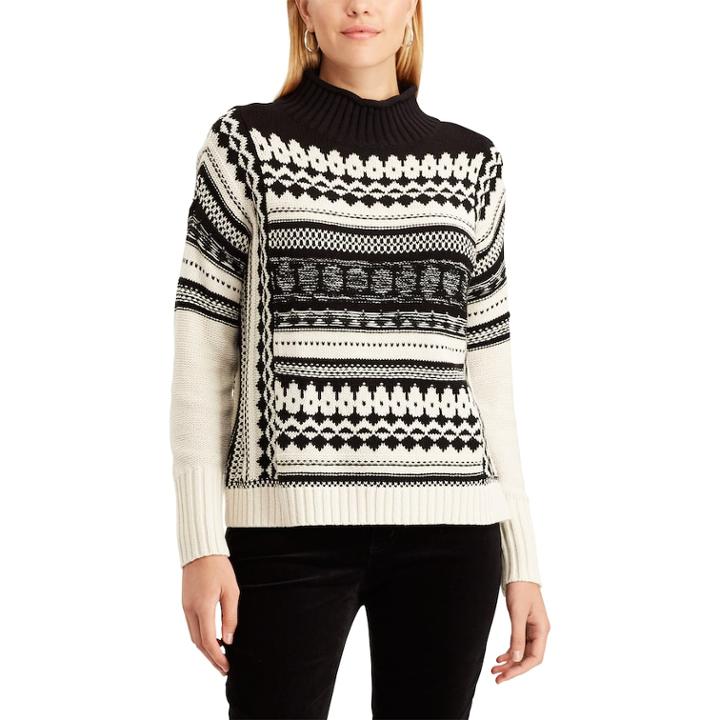 Women's Chaps Patterned Mock-neck Sweater, Size: Large, Black