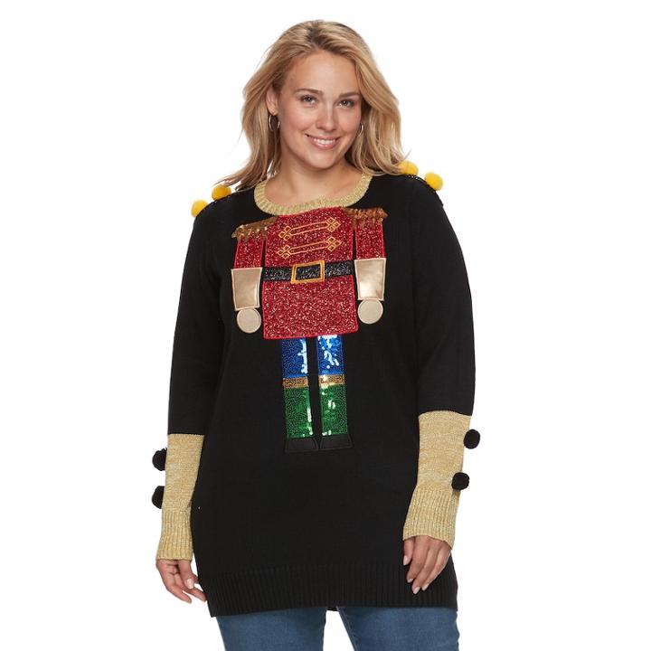 Plus Size Fashion Avenue Us Sweaters Applique Ugly Christmas Sweater Tunic, Women's, Size: 0x, Black