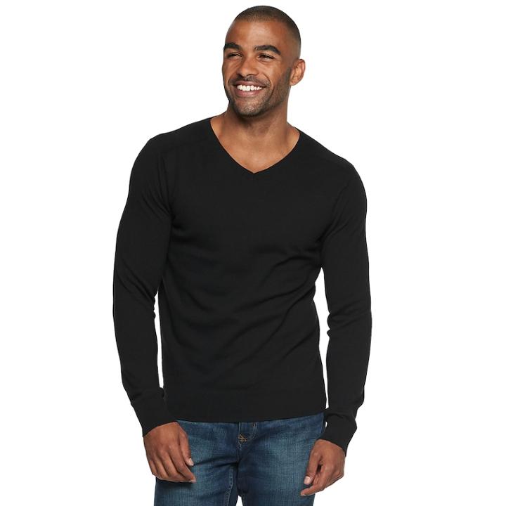 Men's Marc Anthony Slim-fit Tuck-stitch V-neck Sweater, Size: Medium, Black