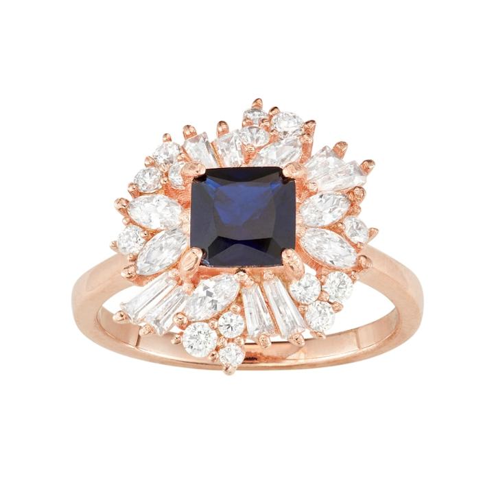 14k Rose Gold Over Silver Lab-created Blue & White Sapphire Cluster Ring, Women's, Size: 9