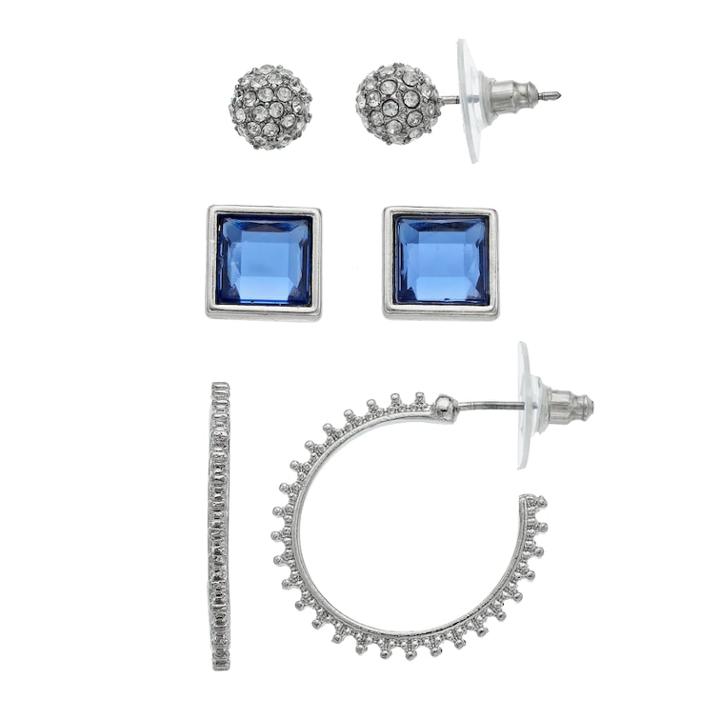 Blue Square, Fireball & Semi-hoop Nickel Free Earring Set, Women's