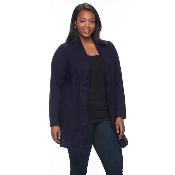 Plus Size Napa Valley Textured Open-front Cardigan, Women's, Size: 2xl, Blue (navy)