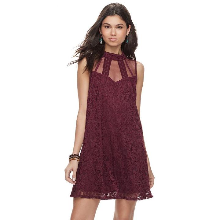 Juniors' Speechless Pleated Lace Illusion Dress, Teens, Size: Small, Dark Pink