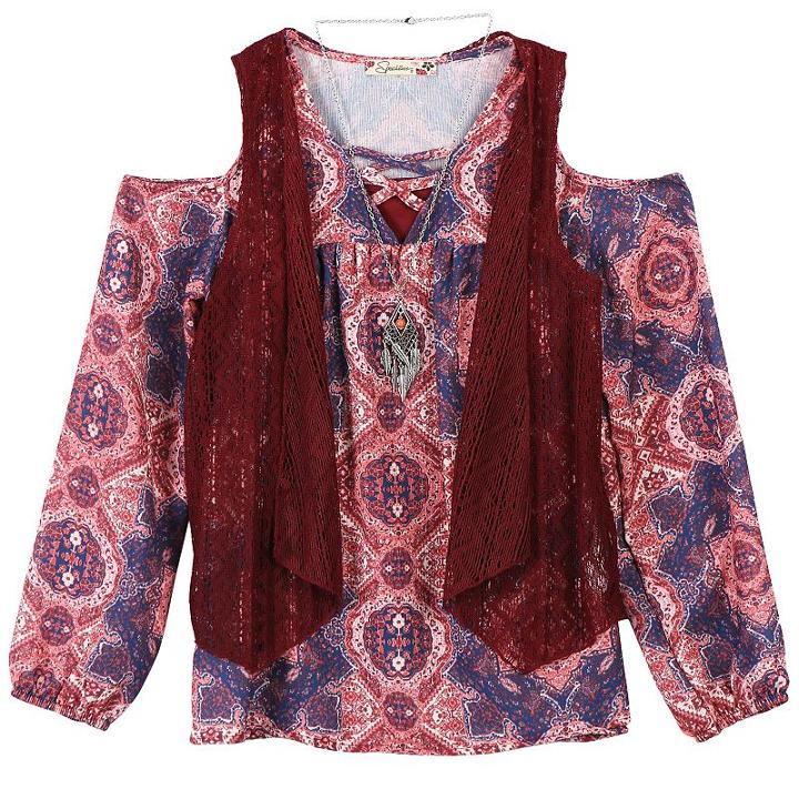 Girls 7-16 Speechless Vest, Cold Shoulder Top & Cami Set With Necklace, Size: Large, Blue (navy)