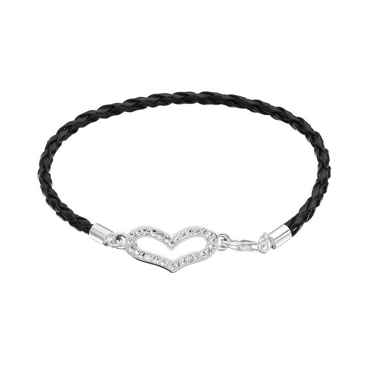 Crystal Sterling Silver Heart Link Woven Leather Bracelet, Women's, Size: 7.5, White