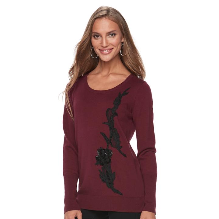 Women's Apt. 9&reg; Sequin Applique Crewneck Sweater, Size: Xxl, Red