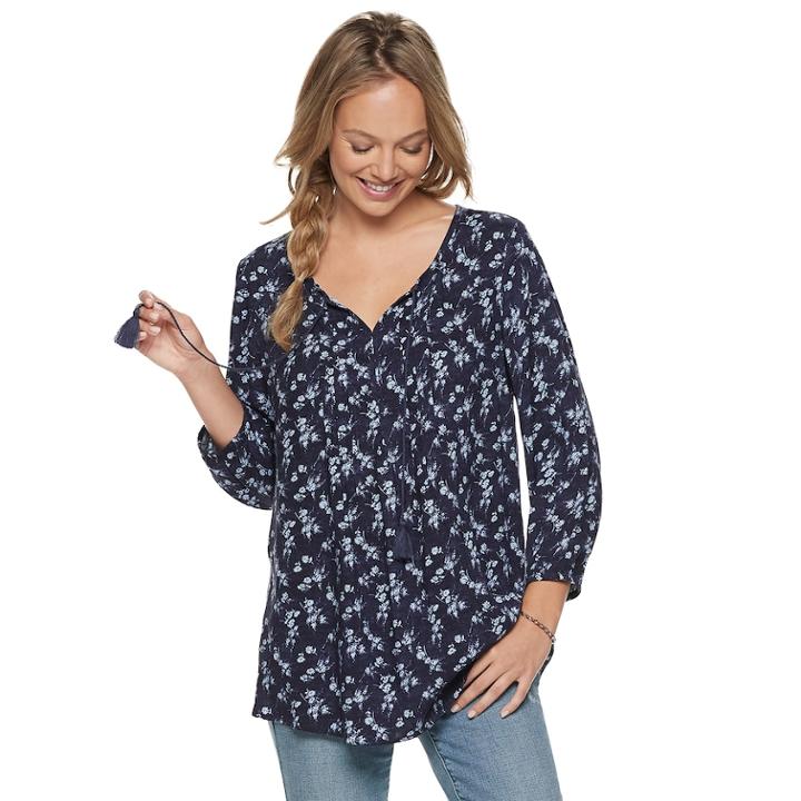 Women's Sonoma Goods For Life&trade; Printed Pintuck Peasant Top, Size: Xs, Dark Blue