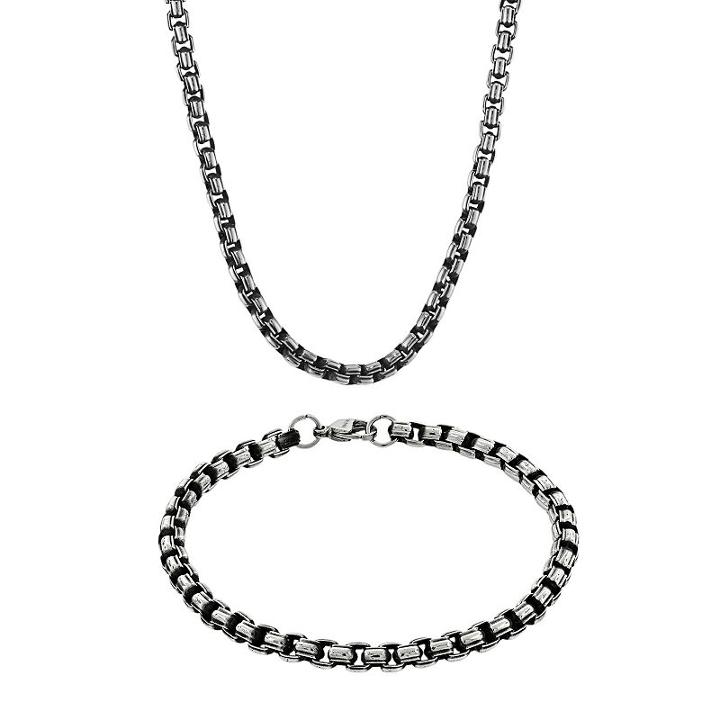 Lynx Stainless Steel Box Chain Necklace And Bracelet Set - Men, Size: 22, Grey