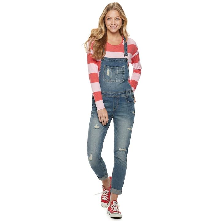 Juniors' Almost Famous Mid-rise Destructed Overalls, Teens, Size: 9, Orange