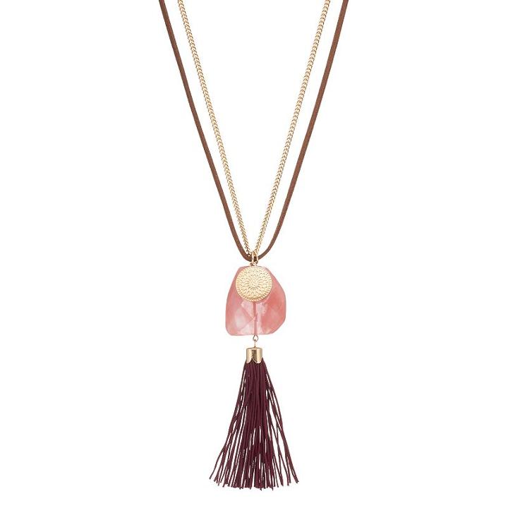 Long Pink Stone Tassel Pendant Necklace, Women's, Multicolor