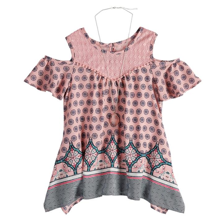 Girls 7-16 Self Esteem Cold Shoulder Patterned Top With Necklace, Size: Medium, Lt Orange