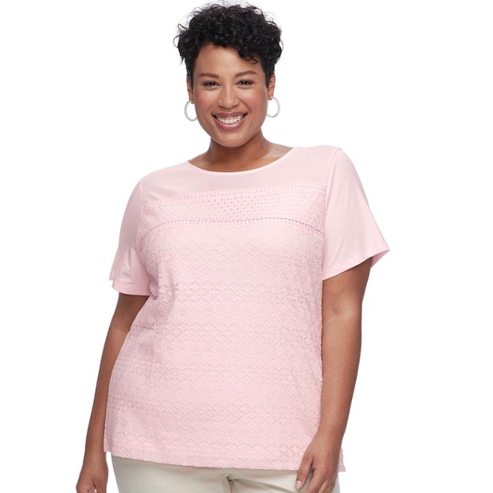 Plus Size Croft & Barrow&reg; Mixed Lace Short Sleeve Tee, Women's, Size: 1xl, Brt Pink