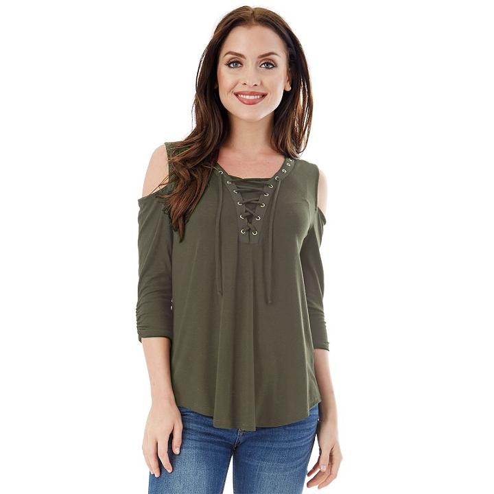 Juniors' Iz Byer California Lace-up Cold Shoulder Top, Teens, Size: Small, Dark Green
