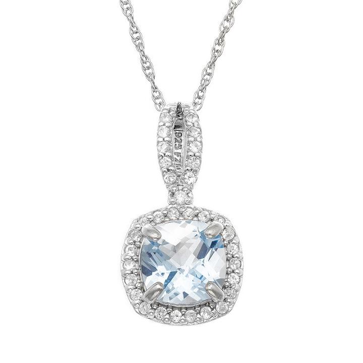 Sterling Silver Lab-created Aquamarine And Lab-created White Sapphire Square Halo Pendant, Women's, Size: 18, Multicolor