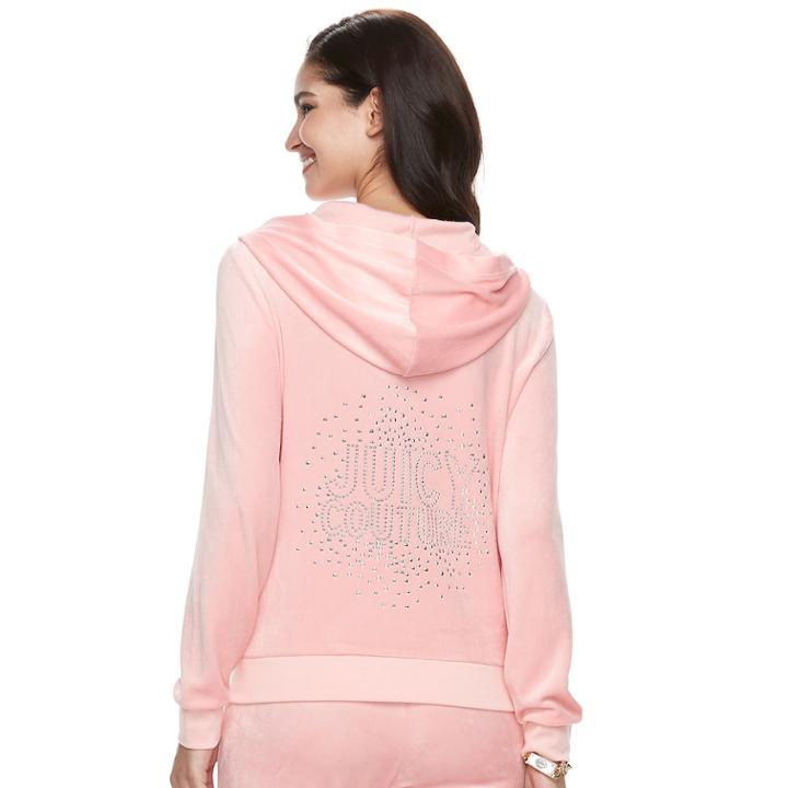 Women's Juicy Couture Graphic Velour Hooded Jacket, Size: Medium, Med Pink