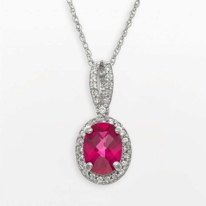 Sterling Silver Lab-created Ruby And Lab-created White Sapphire Oval Halo Pendant, Women's, Size: 18, Multicolor