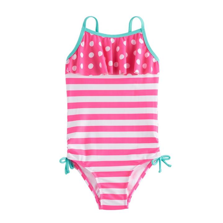 Girls 4-6x So&reg; Polka-dot Ruffle Top & Striped Pattern One-piece Swimsuit, Size: 6x, Pink