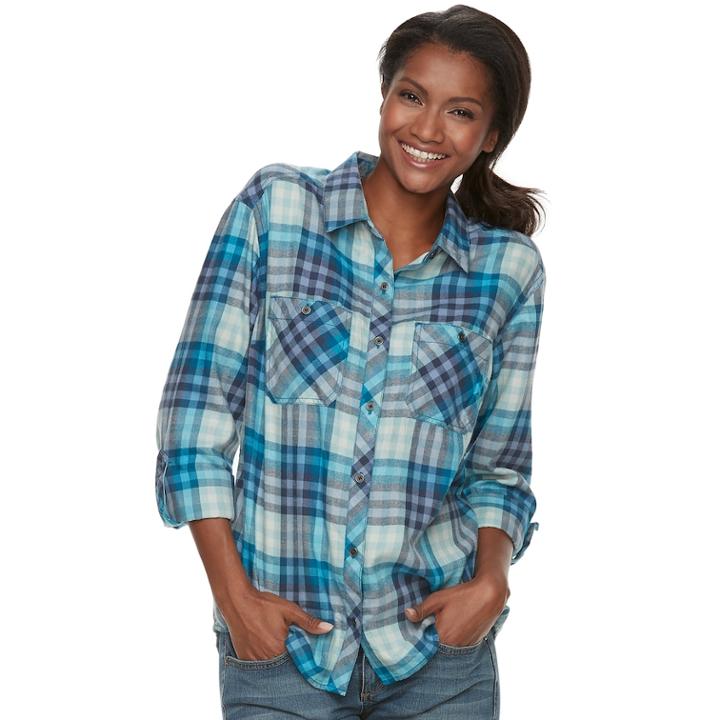 Women's Columbia Wildscape Flannel Plaid Roll-tab Shirt, Size: Small, Light Blue