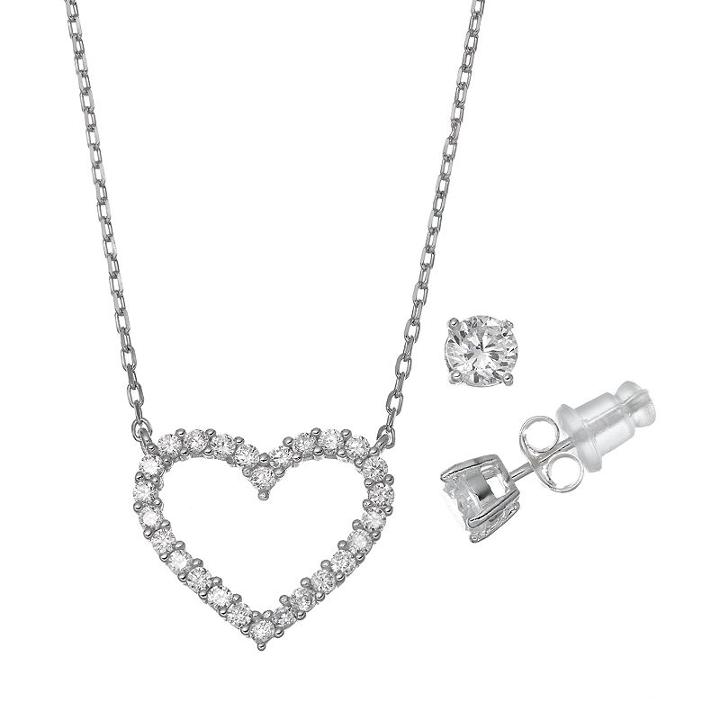 Pure 925 Cubic Zirconia Sterling Silver Heart Necklace & Stud Earring Set, Women's, Size: 18, Grey