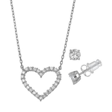 Pure 925 Cubic Zirconia Sterling Silver Heart Necklace & Stud Earring Set, Women's, Size: 18, Grey