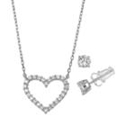 Pure 925 Cubic Zirconia Sterling Silver Heart Necklace & Stud Earring Set, Women's, Size: 18, Grey