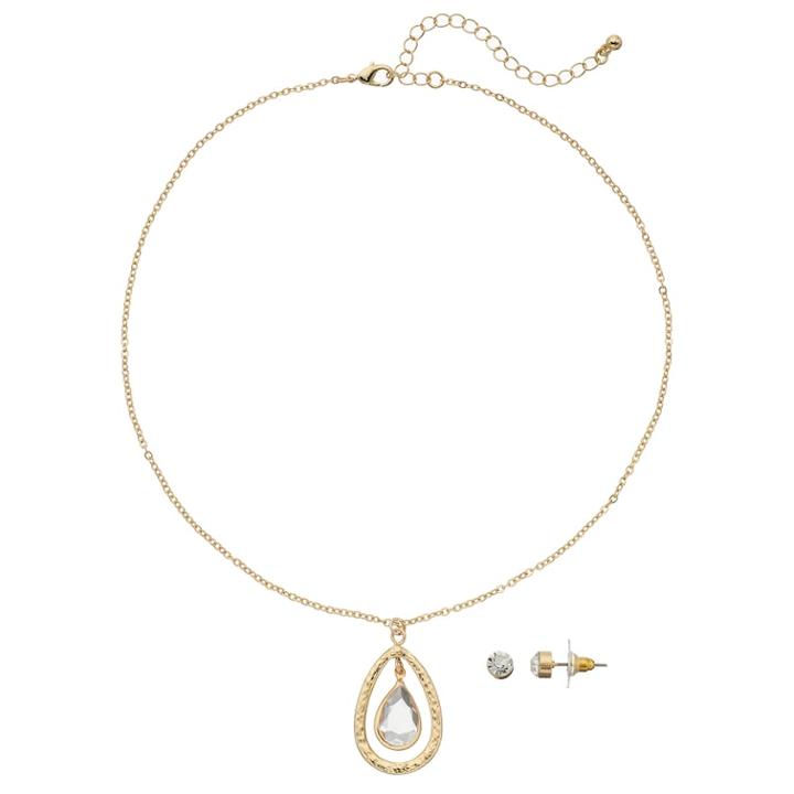 Simulated Crystal Hammered Teardrop Pendant Nickel Free Necklace & Stud Earring Set, Women's, Gold